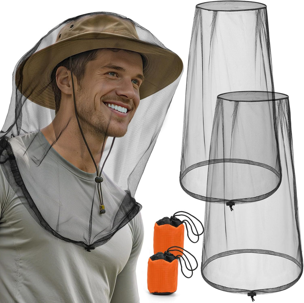 2 Pack Premium Mosquito Head Nets with Drawstring, Breathable Ultra Large Bug Net for Head, Mosquito Net Hat for Men and Women, Universal Fit for Hats, Essential for Outdoor Activities Black