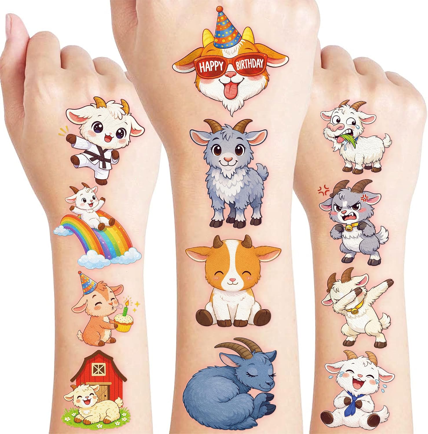 96 PCS Cute Goat Pre-Cut Temporary Tattoos for Kids | Super Cute Farm Animal Theme Birthday Party Favors, Supplies, Decorations, Funny Fake Tattoo, School Prizes Gifts For Boys Girls Rewards