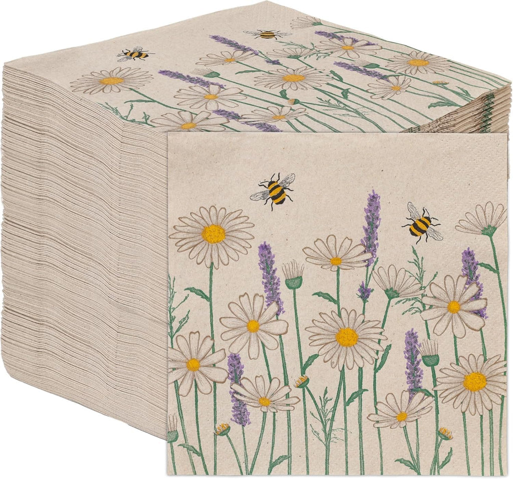Table Kind 100 x Soft Recycled Floral Napkins Wildflower Napkins for Decoupage Daisy Bee Pretty Disposable Party Serviettes for Spring Weddings, Tea Parties, Birthday, Eco-Friendly, Compostable