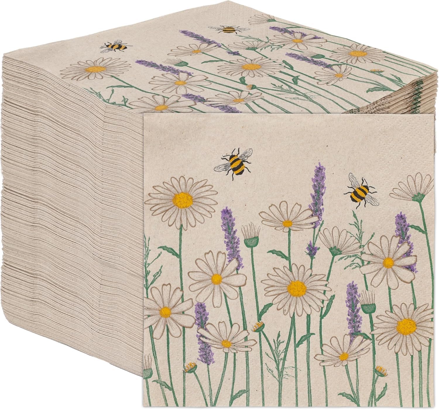 Table Kind 100 x Soft Recycled Floral Napkins Wildflower Napkins for Decoupage Daisy Bee Pretty Disposable Party Serviettes for Spring Weddings, Tea Parties, Birthday, Eco-Friendly, Compostable