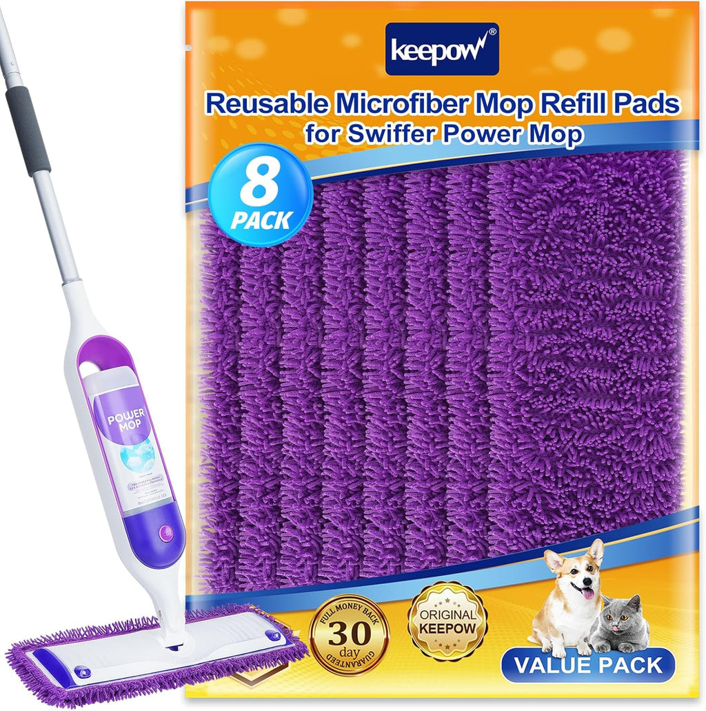 KEEPOW Reusable Power Mop Refills Pads Compatible with Swiffer PowerMop Mop - Power Mop Pads Refill - Washable Microfiber Pads for Multi-Surface Floor Cleaning, 8Pack