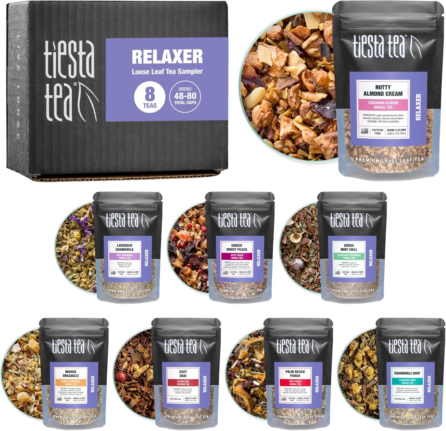 Tiesta Tea - 8 Herbal & Rooibos Sampler Dry Flight Set, Loose Leaf, No Caffeine, Makes Hot and Iced, Assorted Tea Sets with Herbal, Chai, Fruit Blends & More, 8 Resealable Sample Pouches