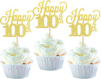 24 Pack Happy 100th Cupcake Toppers Glitter Number 100 Hundred Cheers to 100 Days Cupcake Food Picks for 100 Days Birthday Wedding Anniversary Party Cake Decorations Supplies Gold