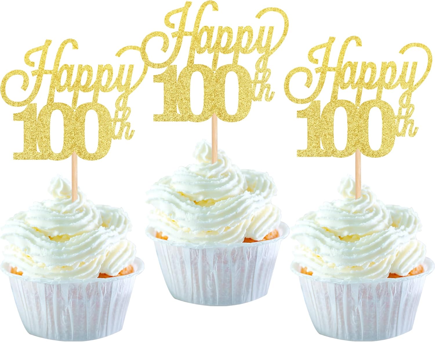 24 Pack Happy 100th Cupcake Toppers Glitter Number 100 Hundred Cheers to 100 Days Cupcake Food Picks for 100 Days Birthday Wedding Anniversary Party Cake Decorations Supplies Gold