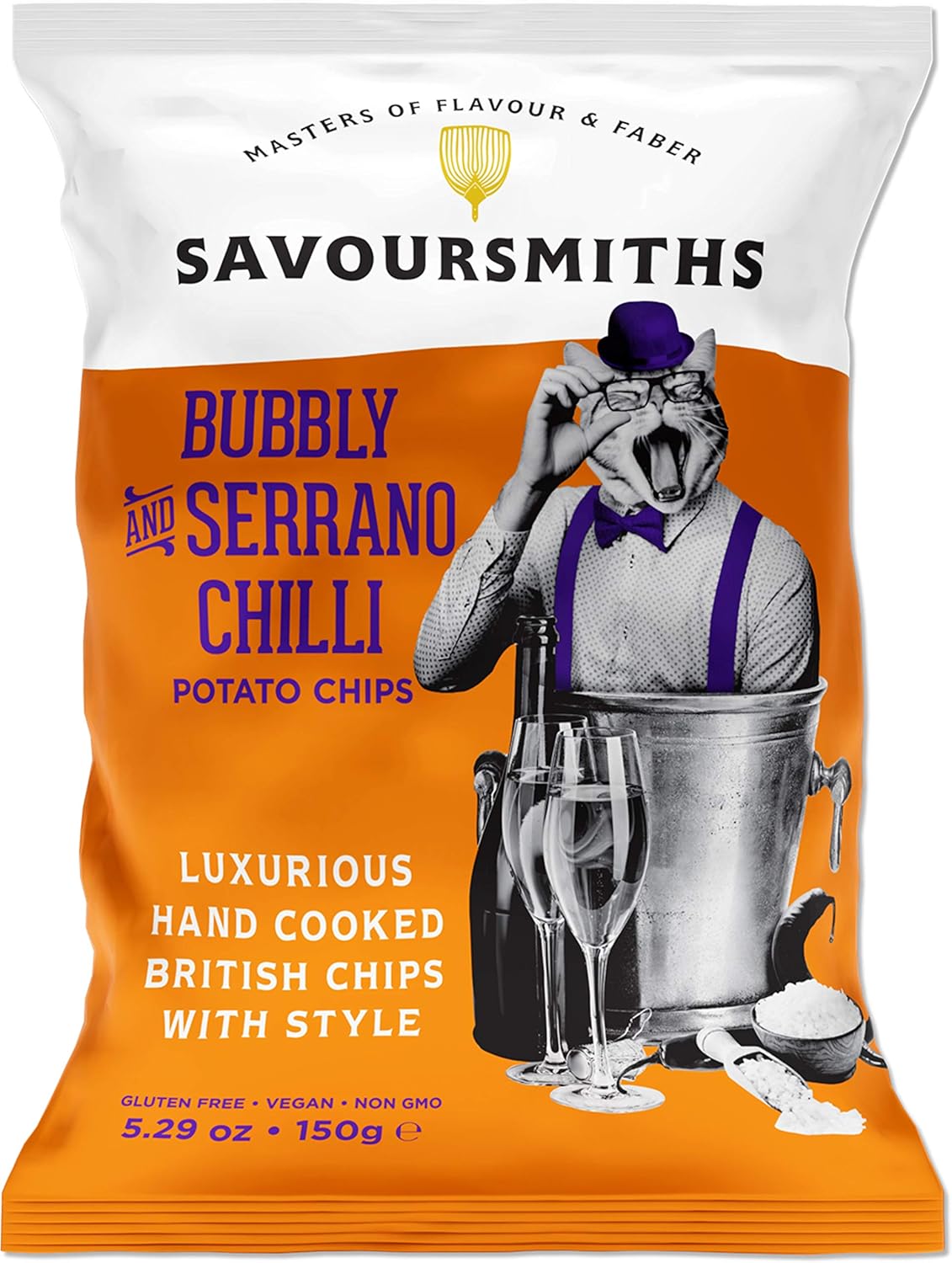 SAVOURSMITHS Hand Cooked Potato Chips, Bubbly & Serrano Chili, 5.29 Oz (6 Count), Gluten Free, Vegan, Non Gmo, All Natural, Luxurious British Style Chips with Style