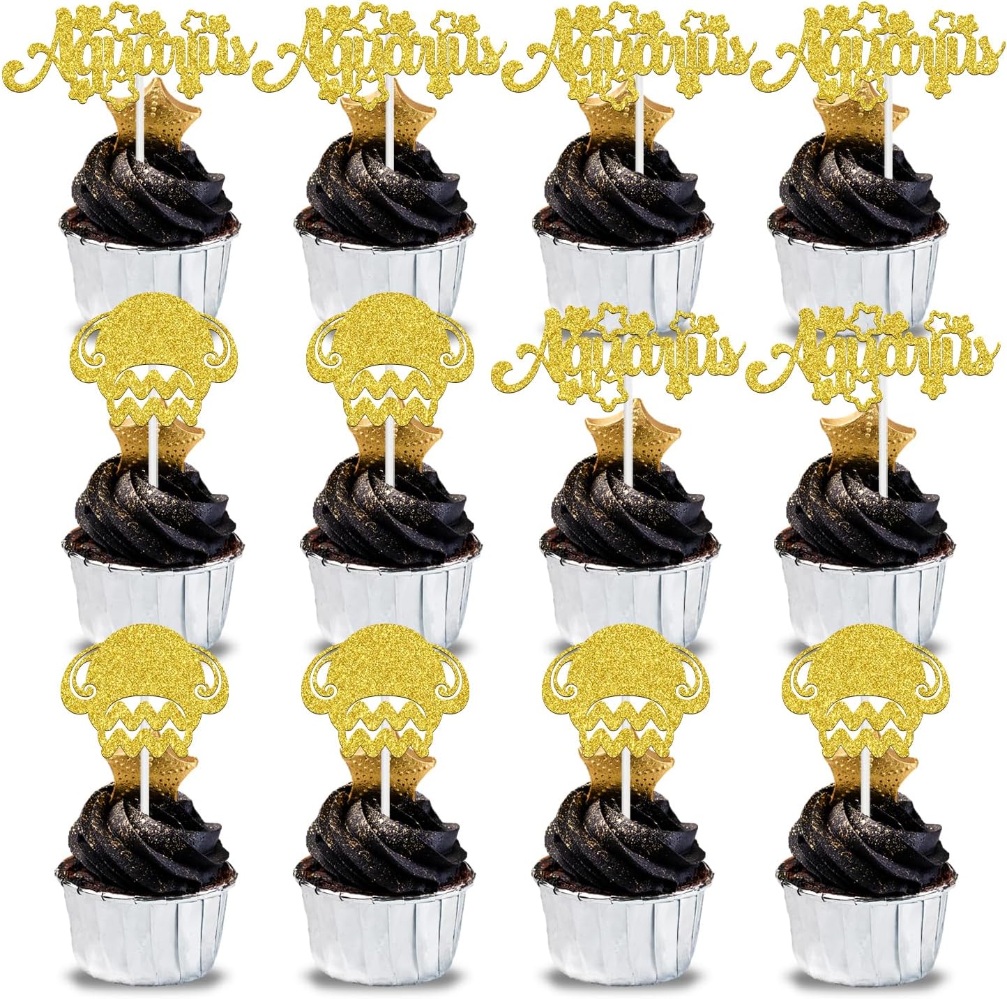 12Pcs Aquarius Cupcake Topper, Big Aquarius Energy/Aquarius Season, 12 Constellation January/Febuary Birthday Cupcake Decoration, Horoscope Astrology Birthday Party Supplies, Gold Glitter