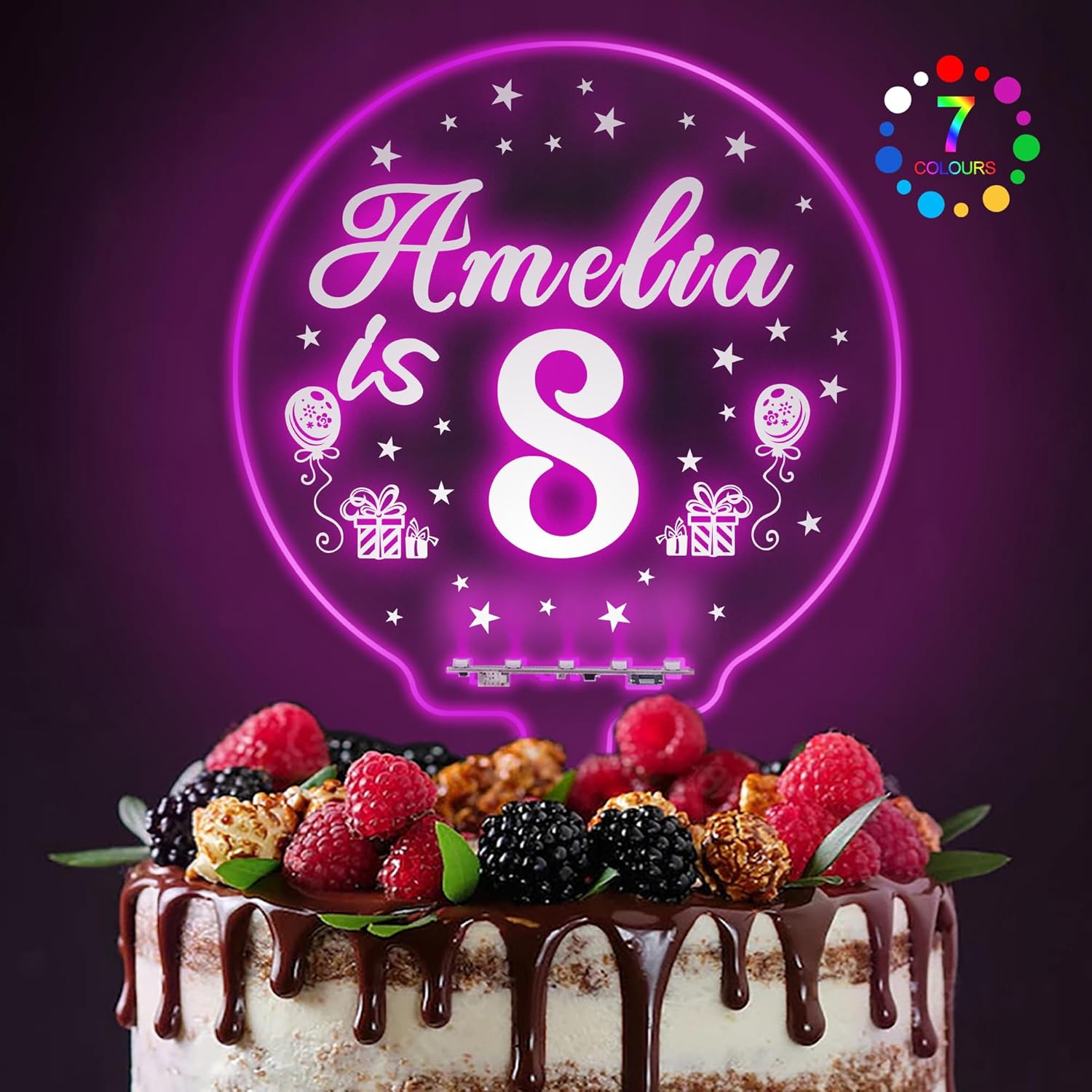 Personalized Happy Birthday Cake Toppers 7 Colors LED Light Up Cake Topper Birthday Party Cake Decorations Acrylic Cake Topper for 1st 10th 16th 18th 20th 21st 30th 40th 50th 60th(Design 4)