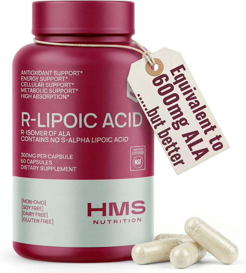 HMS Nutrition Stabilized R-Lipoic Acid 300 mg per Serving — Pure R Alpha Lipoic Acid (R-ALA) High Potency Active R Isomer Antioxidant Nerve & Metabolism Support — NSF Certified Non-GMO Vegan 60Capsule