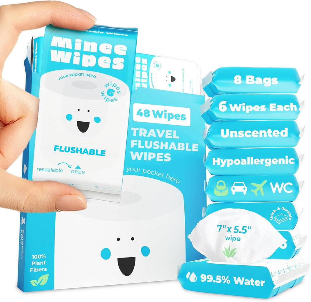 Impossibly Compact Travel Flushable Wipes - 99.5% Water and Aloe - Safe for Sensitive Skin, Hypoallergenic & Unscented - Travel Essentials for Adults, Kids & Baby Care - 8 Pack Total 48 Wipes