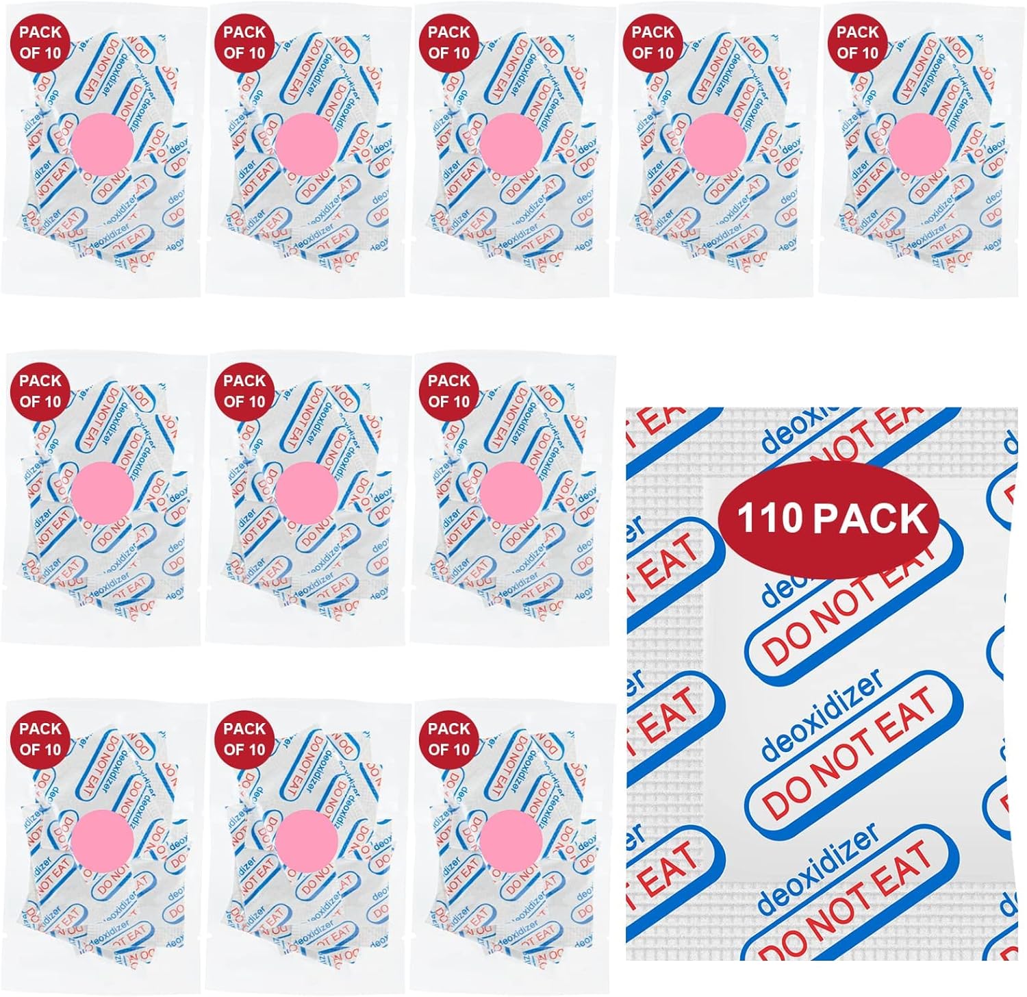 110 Packs 100CC Food Grade Oxygen Absorbers (10 Packs in Individual Vacuum Bag, 11x Packs of 10), Oxygen Absorbers for Food Storage, with Oxygen Indicator, for Mylar Bags, Mason Jars, Canning