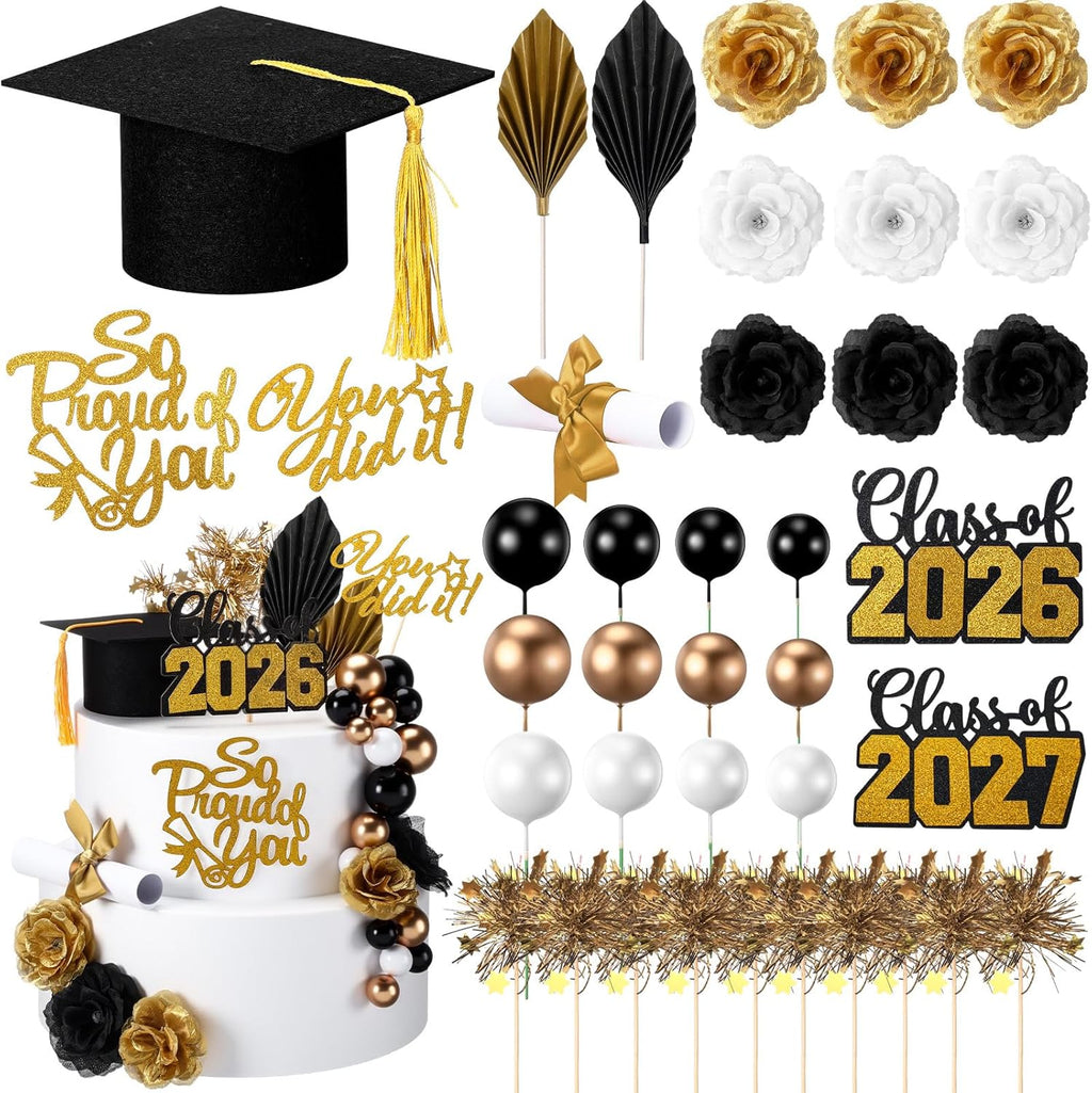 Sureio 48 Pcs Graduation Cake Toppers Class of 2026 Congrats Grad Cake Decor Graduation Cap Diploma Artificial Flowers Cards Balls Palm Leaves Firework Sticks Kit for Theme Party Supplies(Black)