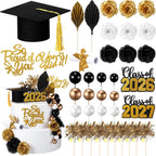 Sureio 48 Pcs Graduation Cake Toppers Class of 2026 Congrats Grad Cake Decor Graduation Cap Diploma Artificial Flowers Cards Balls Palm Leaves Firework Sticks Kit for Theme Party Supplies(Black)