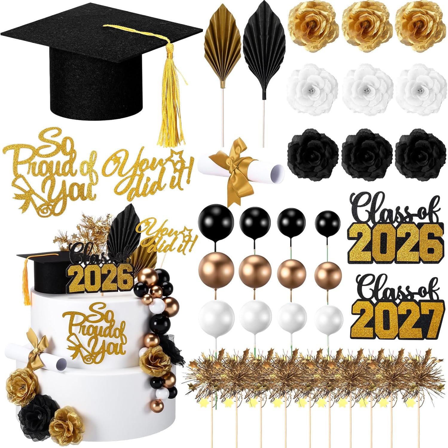 Sureio 48 Pcs Graduation Cake Toppers Class of 2026 Congrats Grad Cake Decor Graduation Cap Diploma Artificial Flowers Cards Balls Palm Leaves Firework Sticks Kit for Theme Party Supplies(Black)
