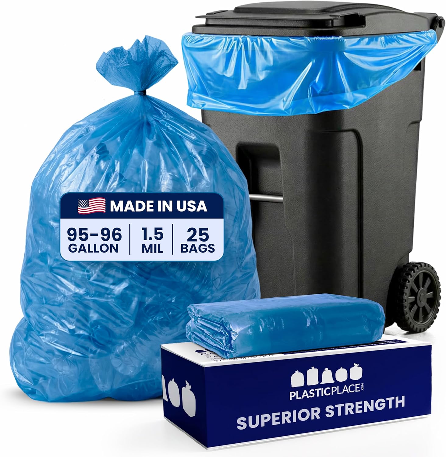 Plasticplace 95 Gallon Recycling Trash Bags, 61"W x 68"H, 1.5 Mil, Blue, 25 Count (Pack of 1)