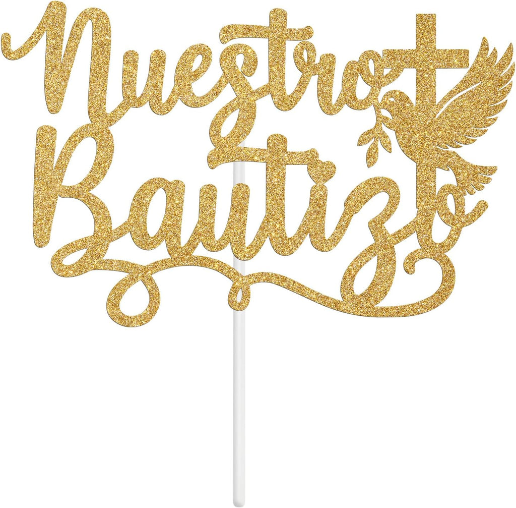 Nuestro Bautizo Cake Topper, Spanish First Holy Communion, Cross Dove My Confirmation, Religious Baptism First Birthday Christening Baby Shower Party Decorations Supplies, Gold Glitter