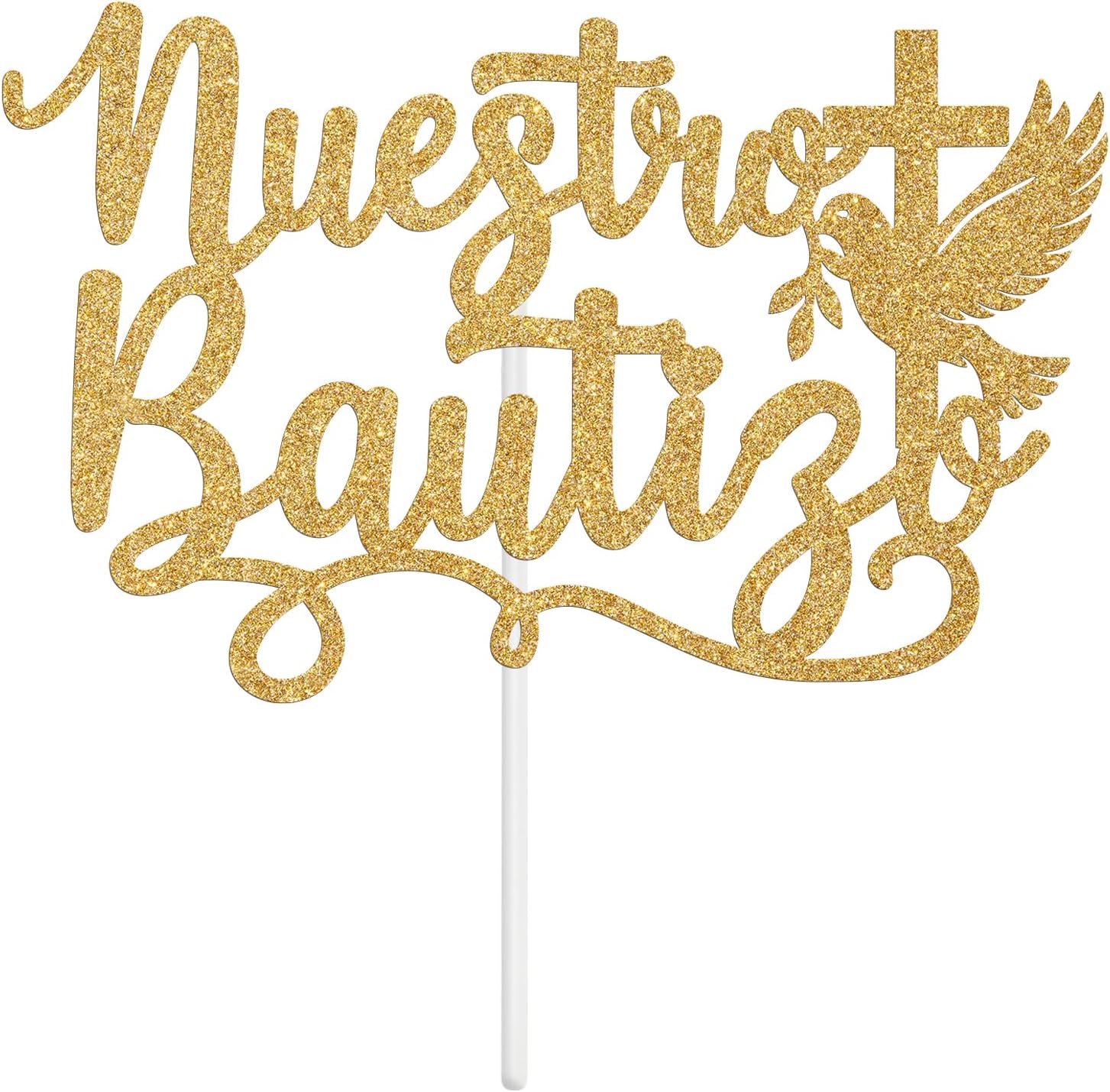 Nuestro Bautizo Cake Topper, Spanish First Holy Communion, Cross Dove My Confirmation, Religious Baptism First Birthday Christening Baby Shower Party Decorations Supplies, Gold Glitter