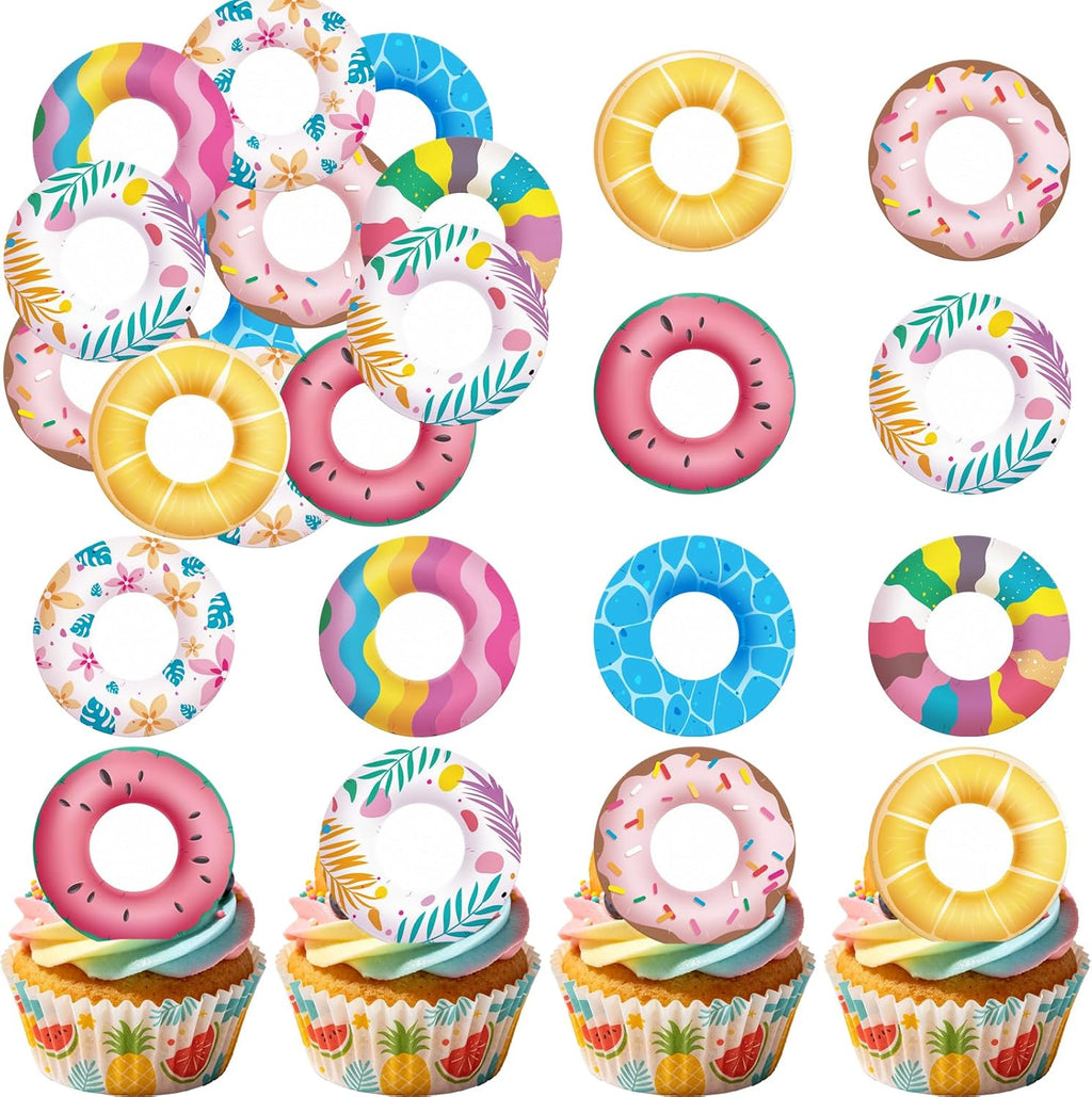 36pcs Edible Summer Swimming Ring Cupcake Toppers Wafer Paper Funny Pool Ring Cake Decorations Edible Swimming Pool Cupcake Picks for Hawaii Summer Beach Theme Party Decor