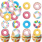 36pcs Edible Summer Swimming Ring Cupcake Toppers Wafer Paper Funny Pool Ring Cake Decorations Edible Swimming Pool Cupcake Picks for Hawaii Summer Beach Theme Party Decor