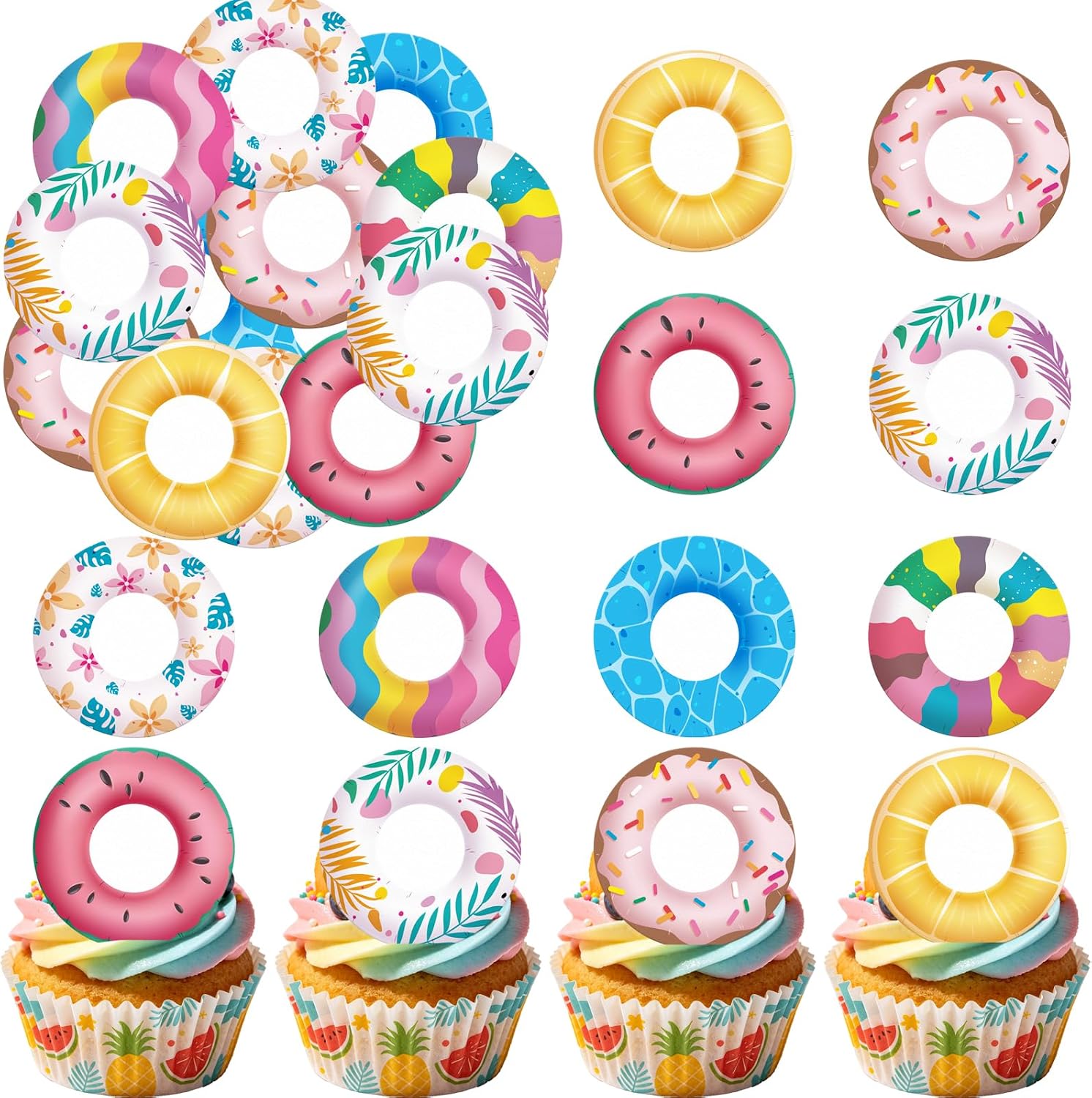 36pcs Edible Summer Swimming Ring Cupcake Toppers Wafer Paper Funny Pool Ring Cake Decorations Edible Swimming Pool Cupcake Picks for Hawaii Summer Beach Theme Party Decor