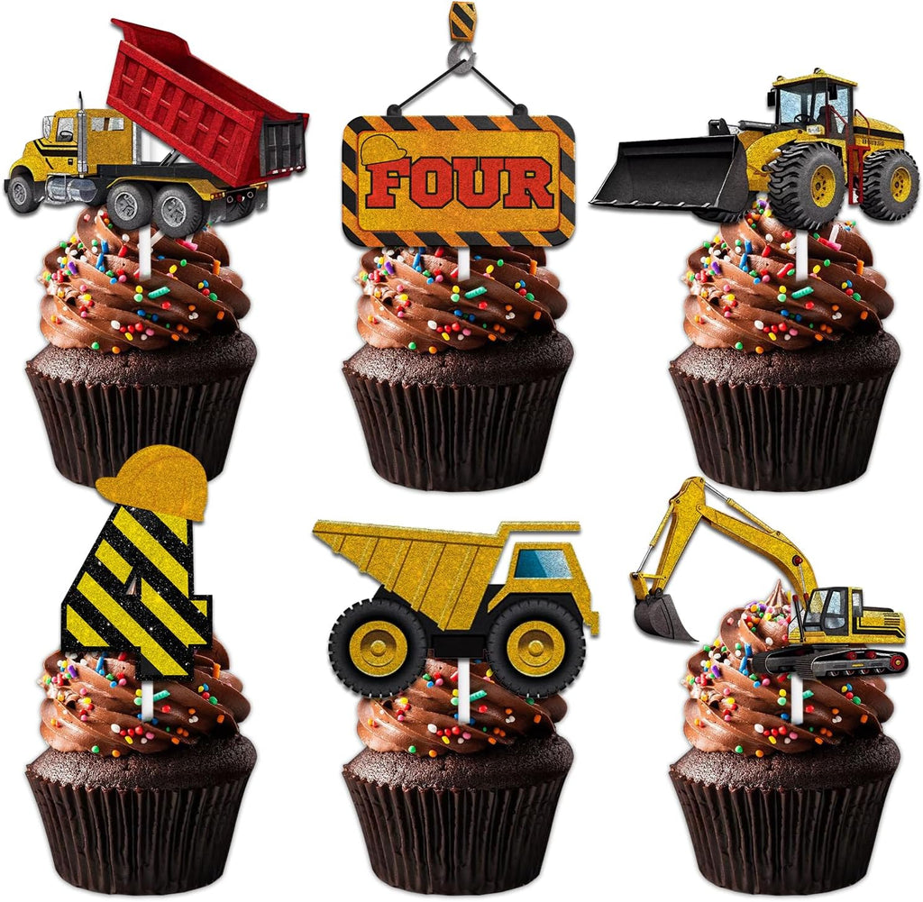 18pcs Gold Glitter Dessert Cupcake Topper Pick for Construction Tool Worker Four Years Old Theme Decor Supplies Kids Happy 4th Birthday Party Decorations