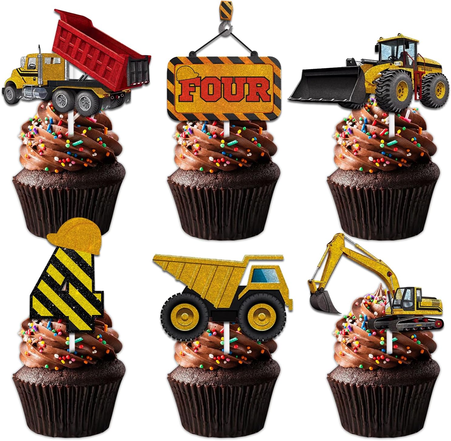 18pcs Gold Glitter Dessert Cupcake Topper Pick for Construction Tool Worker Four Years Old Theme Decor Supplies Kids Happy 4th Birthday Party Decorations