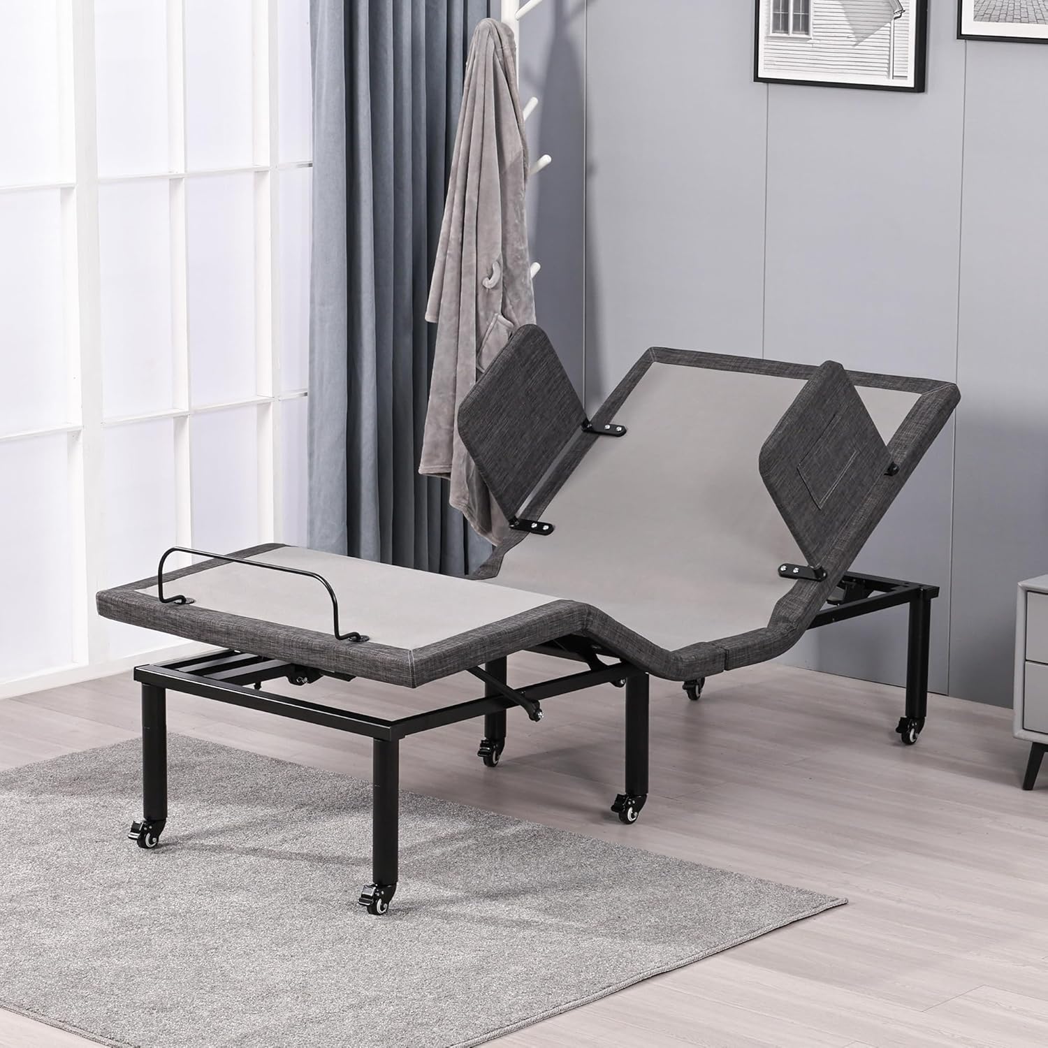ESHINE Adjustable Bed Frame with Wireless Remote, Head and Foot Incline, Adjustable Leg with Wheel, Bed Rail, Nursing Bed Base