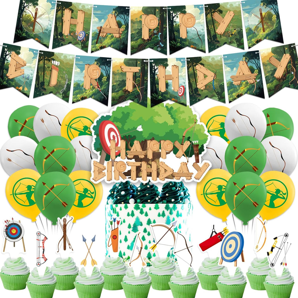 Archery Birthday Party Decorations Bow Arrow Hunting Party Supplies Includes Archery HAPPY BIRTHDAY Banner Cake Topper Cupcake Toppers Balloons for Archery Theme Party Hunting Birthday Decorations