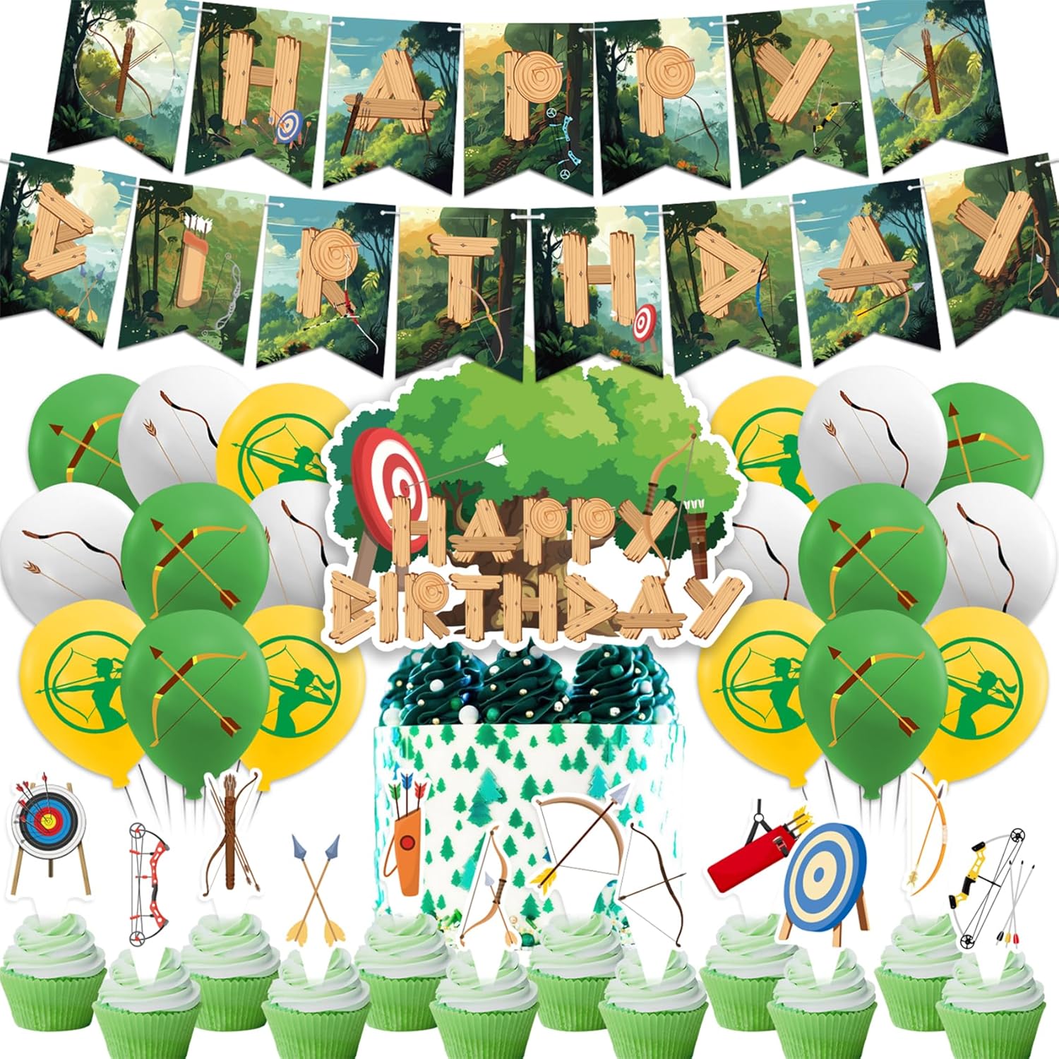 Archery Birthday Party Decorations Bow Arrow Hunting Party Supplies Includes Archery HAPPY BIRTHDAY Banner Cake Topper Cupcake Toppers Balloons for Archery Theme Party Hunting Birthday Decorations