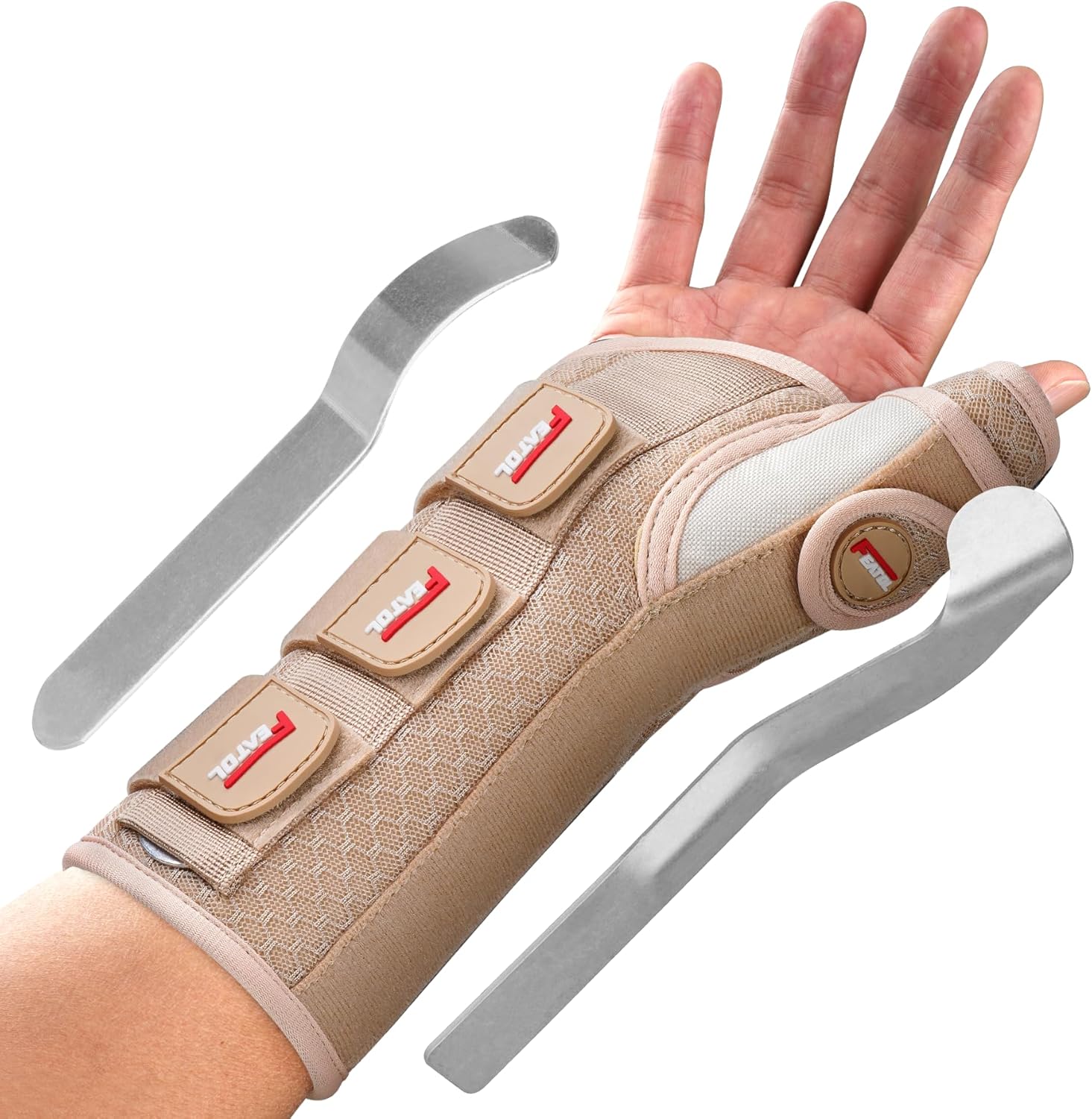 FEATOL Carpal Tunnel Wrist Brace Night Support, Thumb Spica Splint Right Hand for De Quervains Tenosynovitis, Tendonitis, Thumb Brace for Women Men, Beige, Small/Medium