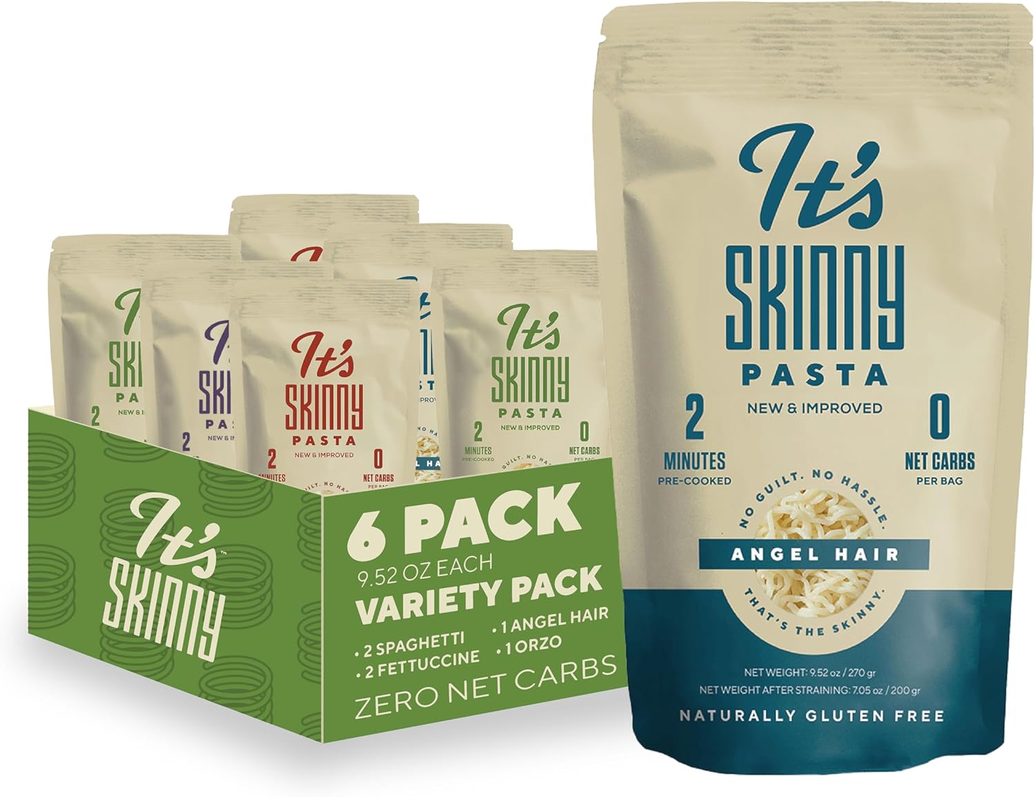 It’s Skinny Pasta Variety Pack – Spaghetti, Fettuccine, Angel Hair and Orzo, Low Carb, Gluten Free, Keto & Vegan-Friendly, Shirataki Konjac, 4.5 Calories, Ready in 2 Minutes (6 Packs)