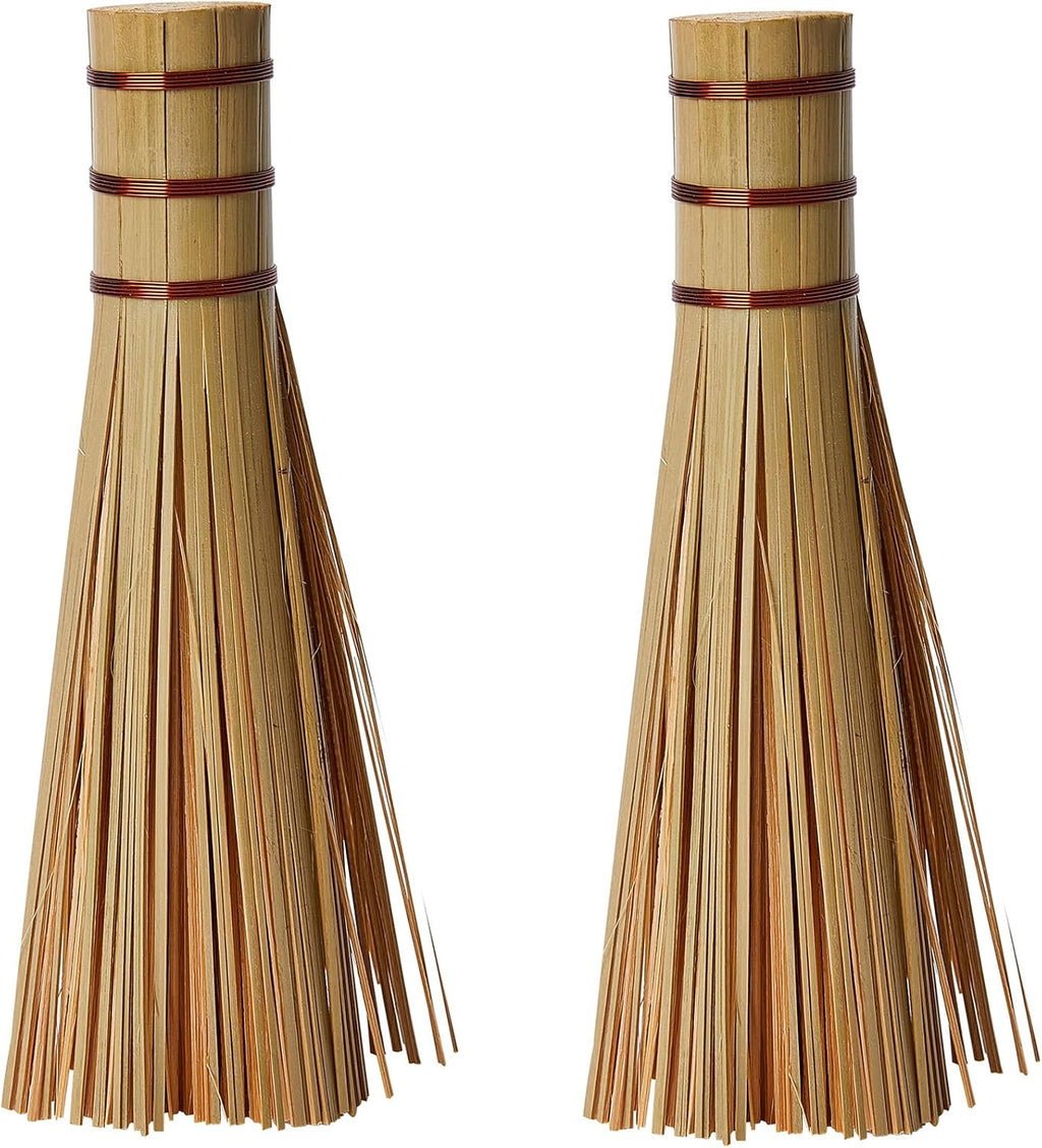 Bamboo Kitchen Wok Brush, 12 Inches Cleaning Whisk, Pot Scraper Scrubber for Cooking Skillet, 2 Pack
