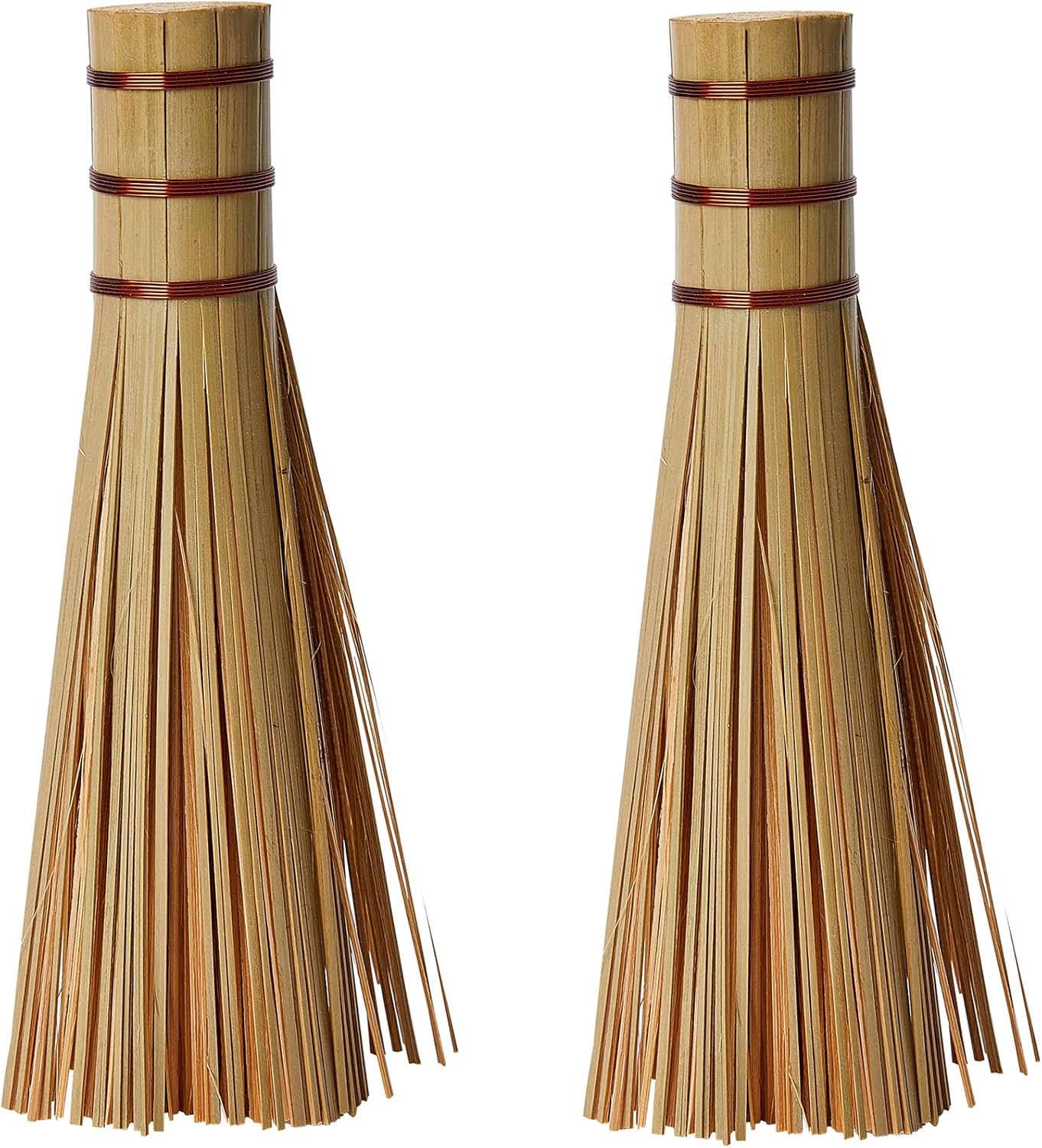 Bamboo Kitchen Wok Brush, 12 Inches Cleaning Whisk, Pot Scraper Scrubber for Cooking Skillet, 2 Pack