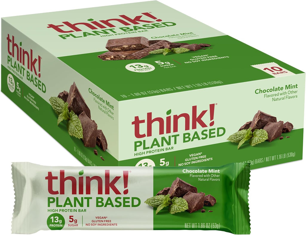 think! Vegan/Plant Based High Protein Bars - Chocolate Mint, 13g Protein, 5g Sugar, No Artificial Sweeteners, Non GMO Project Verified, 10 Count (Packaging May Vary)
