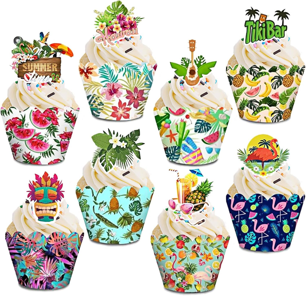 48 PCS Hawaiian Luau Cake Cupcake Toppers Wrappers, Tropical Hawaiian Cupcake Toppers with Flamingo Pineapple Plumeria Flower Fruit Leaves Tikbar for Summer Aloha Hawaii Beach Pool Party Supplies