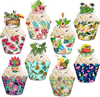 48 PCS Hawaiian Luau Cake Cupcake Toppers Wrappers, Tropical Hawaiian Cupcake Toppers with Flamingo Pineapple Plumeria Flower Fruit Leaves Tikbar for Summer Aloha Hawaii Beach Pool Party Supplies