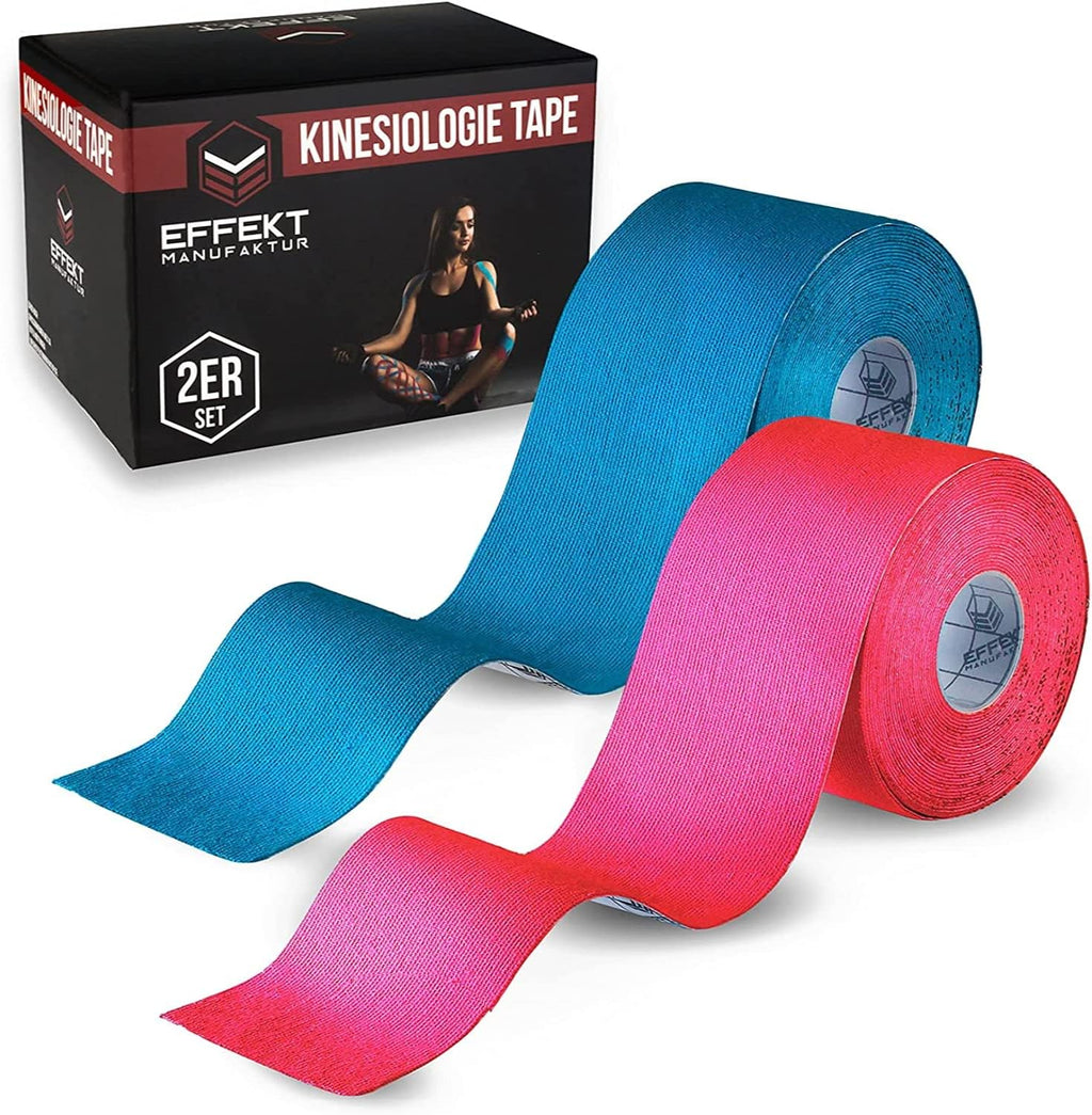 Effekt Manufaktur Kinesiology Tape Waterproof (16 ft x 2 in), 2 Rolls - Elastic Physio Tape for Muscle Support and Injury Recovery, Medical Tape, Kinetic Tape, Durable Kinesthetic Tape (Blue + Pink)