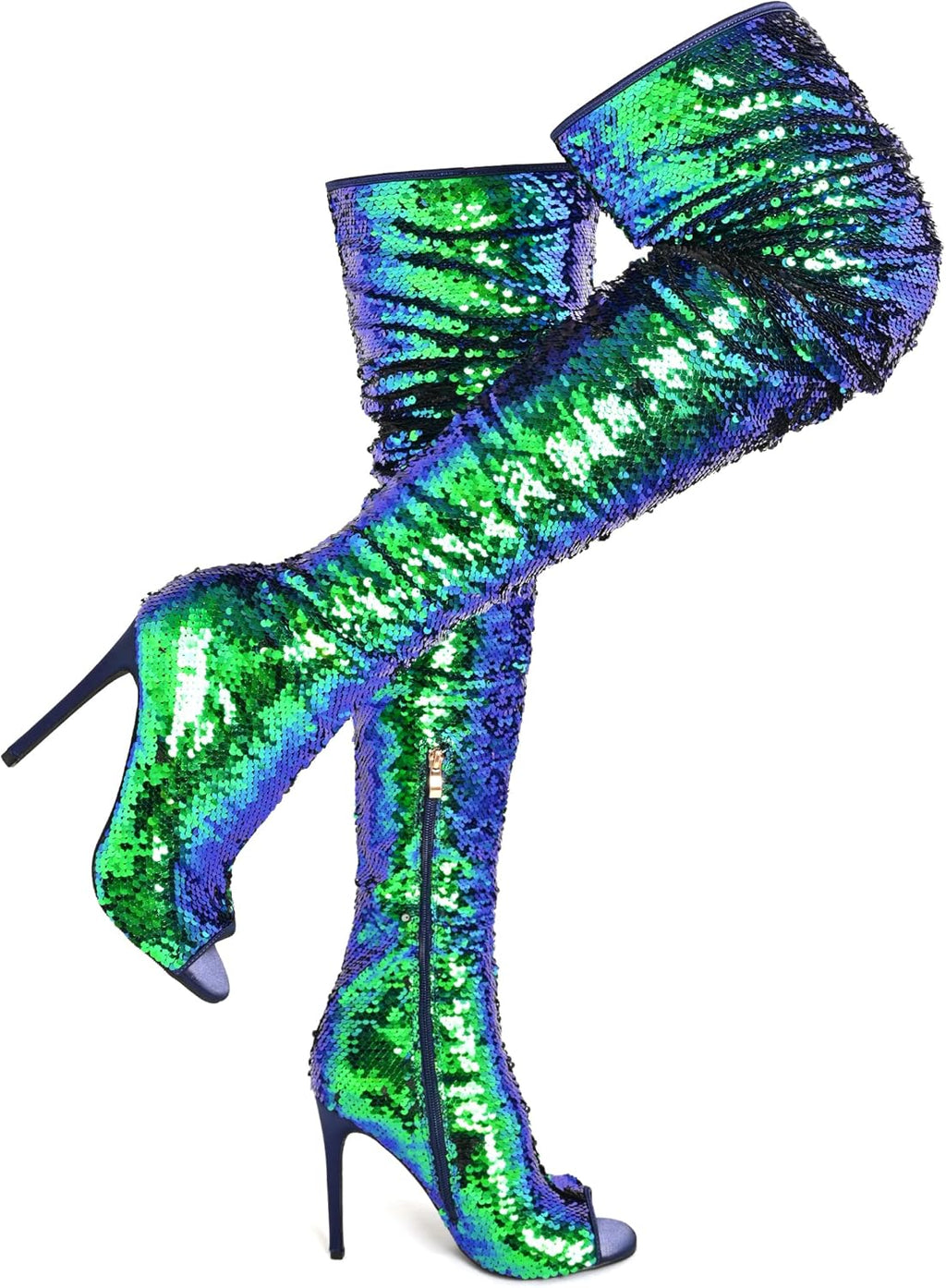 CAMSSOO Thigh High Boots for Women Sequin Open Toe Sparkly Stiletto Over The Knee Boots