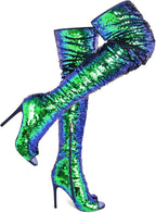 CAMSSOO Thigh High Boots for Women Sequin Open Toe Sparkly Stiletto Over The Knee Boots