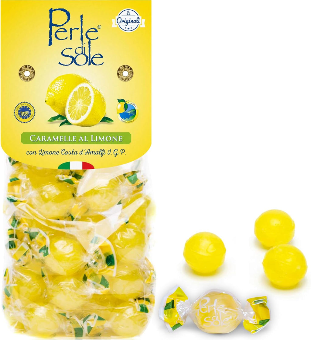 Perle di Sole Italian Lemon Drops Hard Candy Individually Wrapped (7.05 oz) Made with Essential Oils of Amalfi Coast P.G.I. Lemon - Italian Imported Gifts From Italy