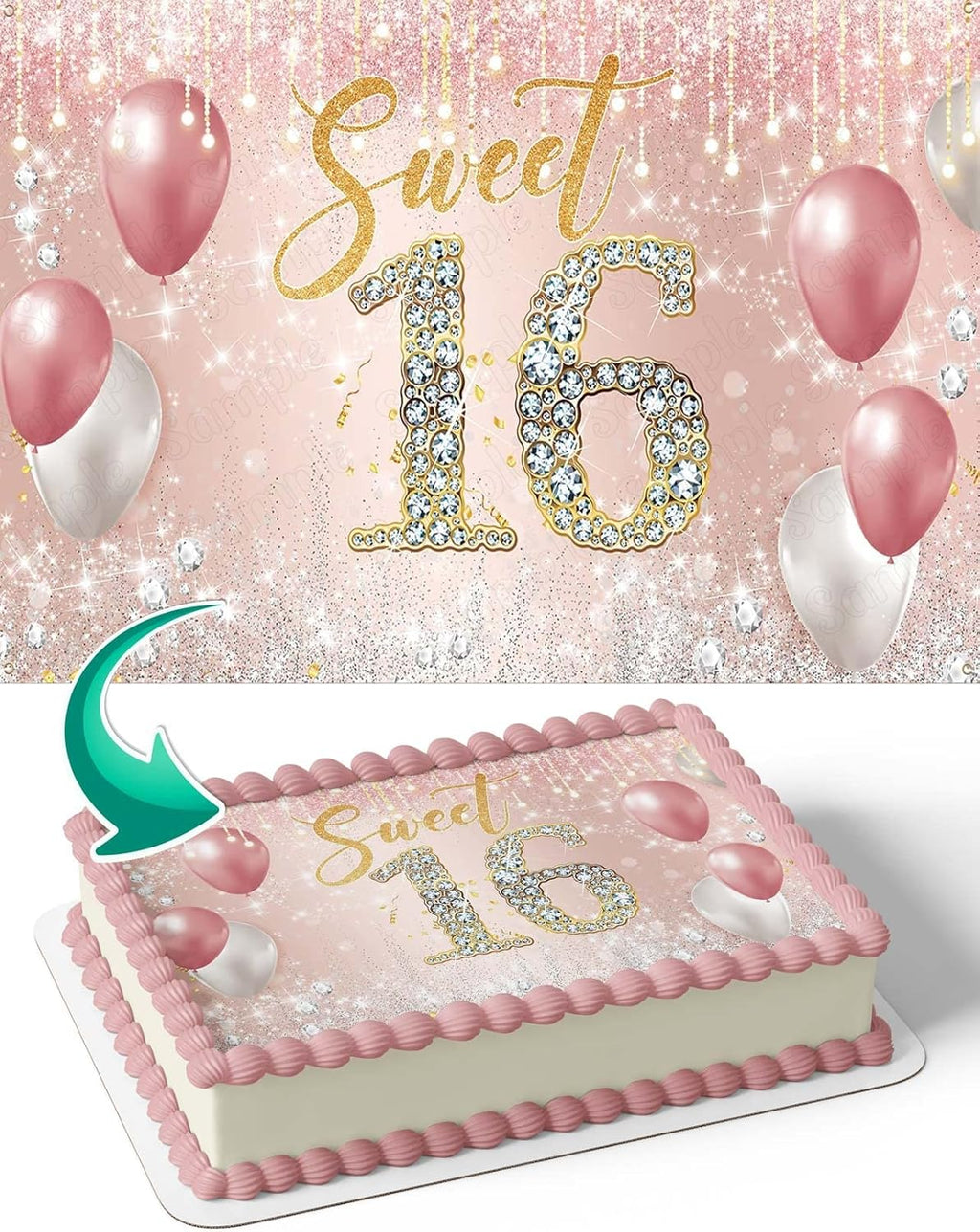 CAKECERY Sweet 16 Gold Rose Edible Cake Image Topper Birthday Cake Banner 1/4 Sheet