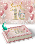 CAKECERY Sweet 16 Gold Rose Edible Cake Image Topper Birthday Cake Banner 1/4 Sheet