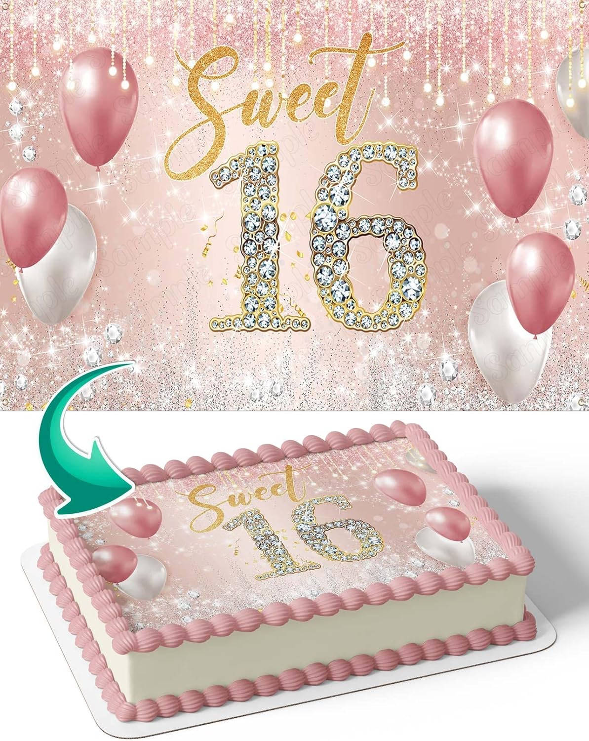 CAKECERY Sweet 16 Gold Rose Edible Cake Image Topper Birthday Cake Banner 1/4 Sheet