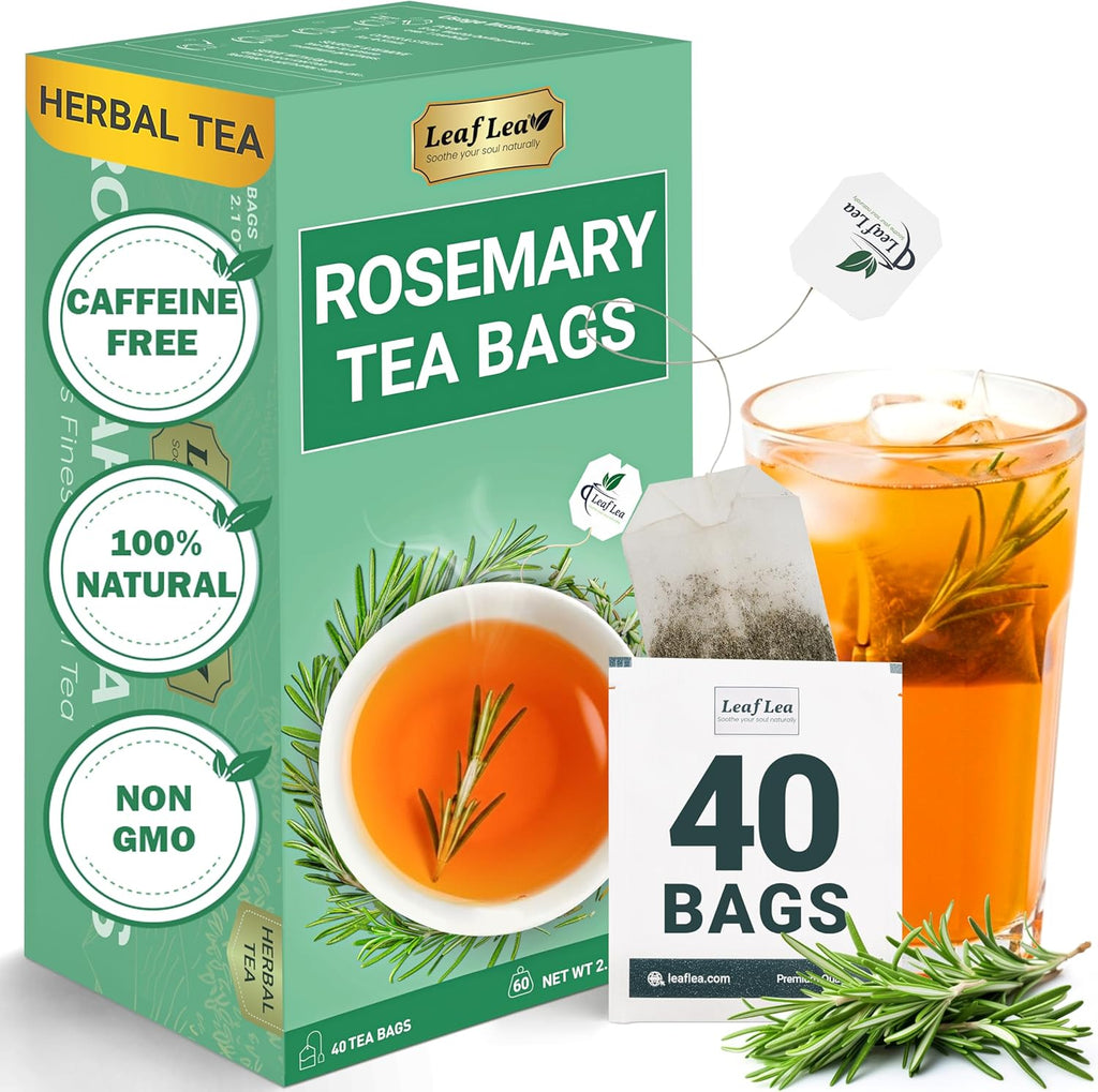 LeafLea 40 Premium Rosemary Tea Bags from 100% Natural Rosemary Leaves, Herbal Tea for Gentle Digestive Comfort, Te De Romero Earthy Taste & Light Aroma, Caffeine-Free, Sugar-Free, Non-GMO