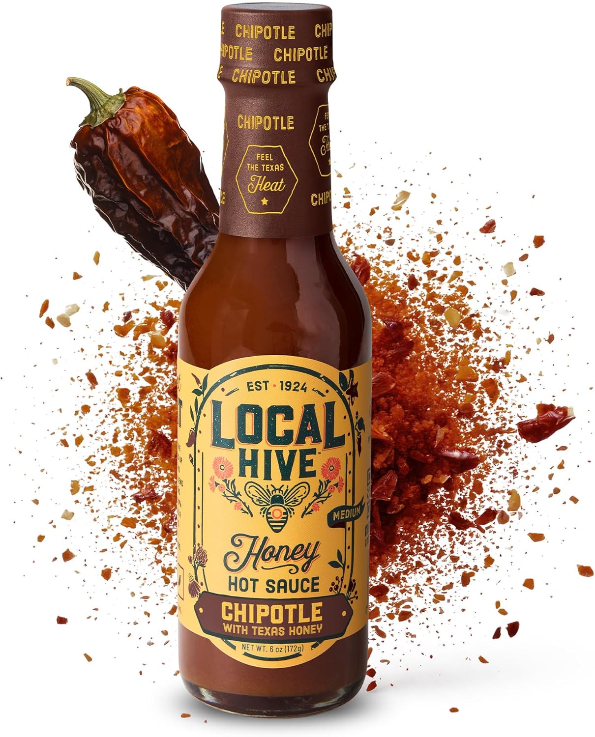 Local Hive Chipotle Texas Honey Hot Sauce – 6oz, Sweet & Smoky, Natural Raw Honey with Chipotle Pepper for Dipping, Tacos, BBQ, Grilling, and Cooking