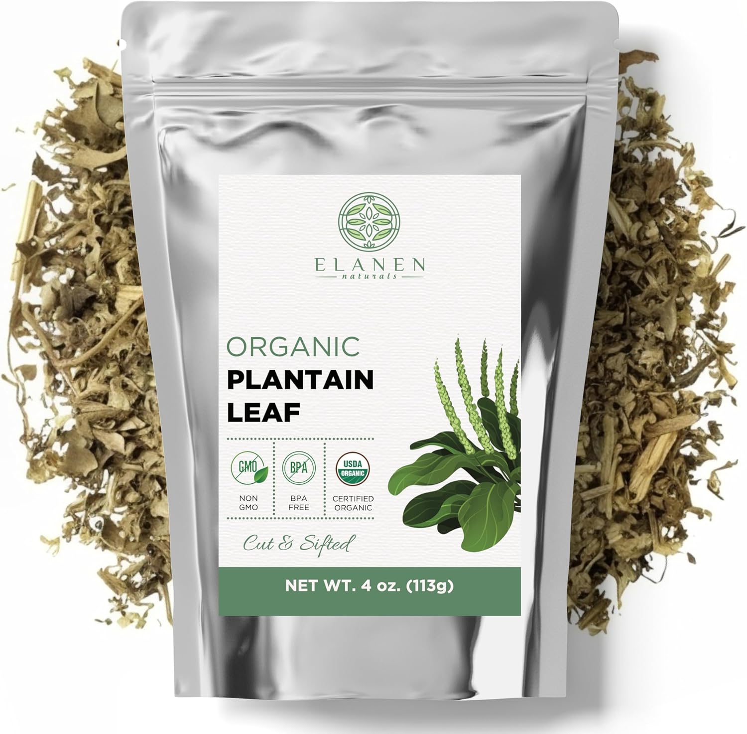 Elanen Naturals Organic Plantain Leaf 4 oz. (113g), USDA Certified Organic Dried Broadleaf Plantain Tea, Dried Plaintain Herb, Cut & Sifted