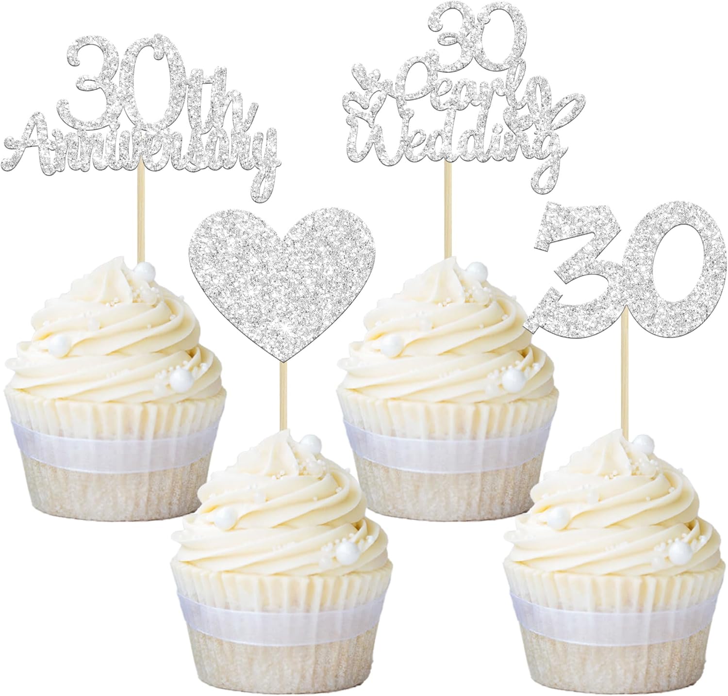 Gyufise 24Pcs 30th Anniversary Cupcake Toppers Heart Cake Toppers Pearl Wedding Anniversary Heart Cake Decoration for Wedding Anniversary Celebration Party Supplies