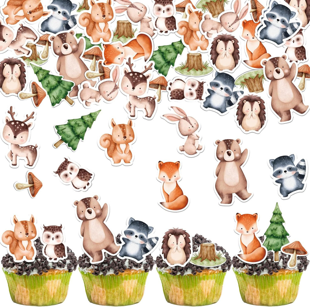 66PCS Edible Woodland Animal Cupcake Toppers Wafer Paper Woodland Theme Animal Cupcake Decoration Edible Bear Fox Squirrel Cake Decoration for Woodland Party Birthday Cake Decor