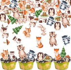 66PCS Edible Woodland Animal Cupcake Toppers Wafer Paper Woodland Theme Animal Cupcake Decoration Edible Bear Fox Squirrel Cake Decoration for Woodland Party Birthday Cake Decor