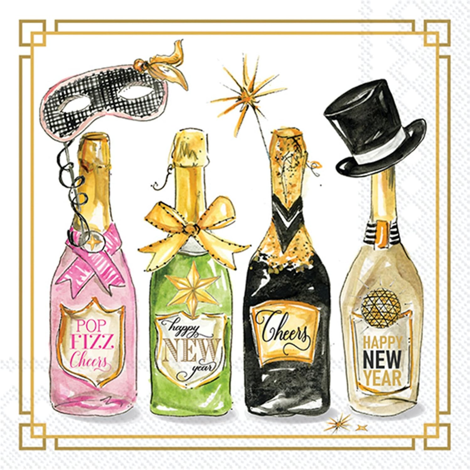IHR Ideal Home Range Christmas Holiday Napkins Rosanne Beck - Disposable 3-Ply Paper Party Napkin Pack, Cocktail Size 5" x 5", New Years Bottles, 20-Count