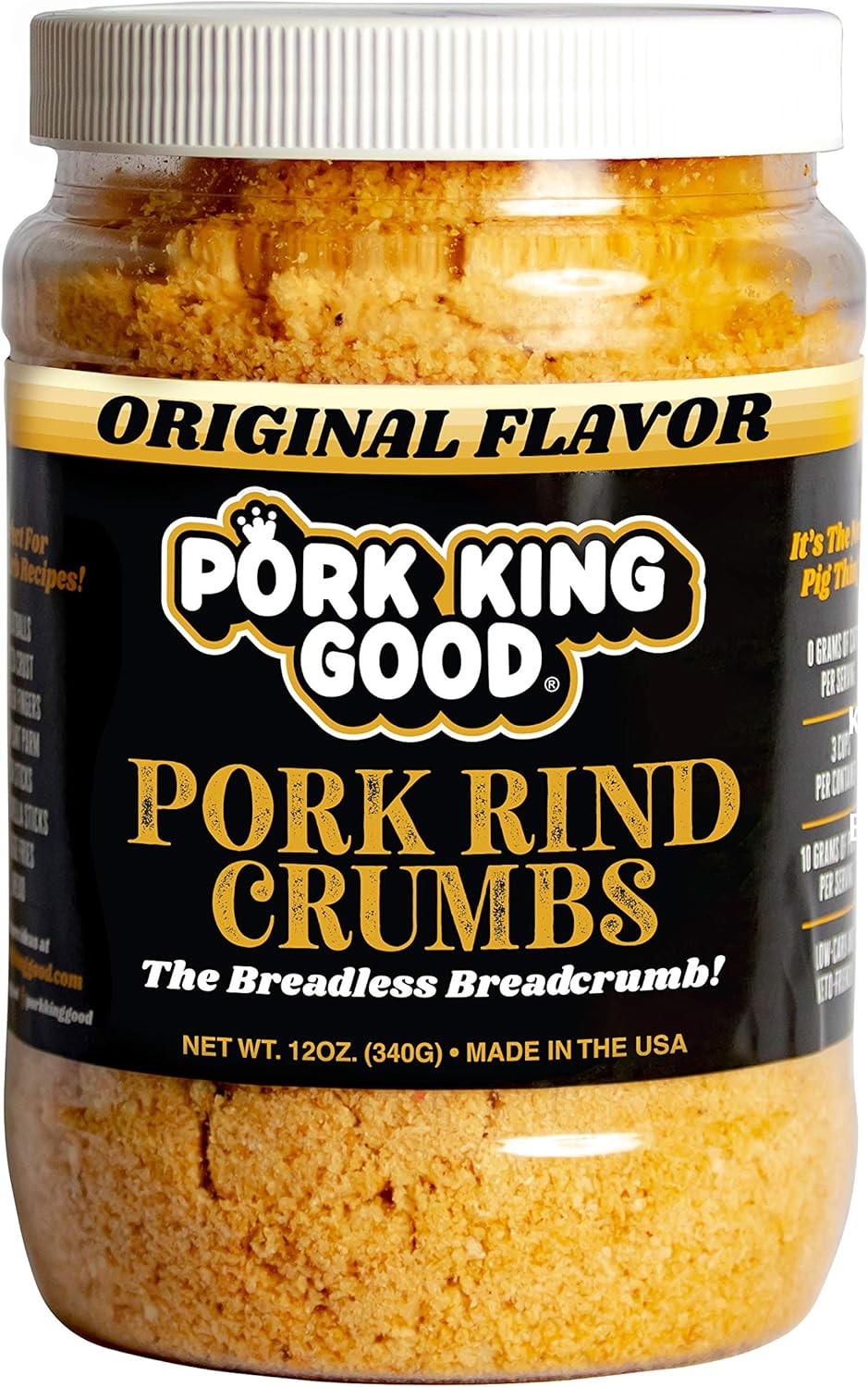 Pork King Good Low Carb Keto Diet Pork Rind Breadcrumbs! Perfect For Ketogenic, Paleo, Gluten-Free, Sugar Free and Bariatric Diets (Original) (Original, 12 Oz Jar)